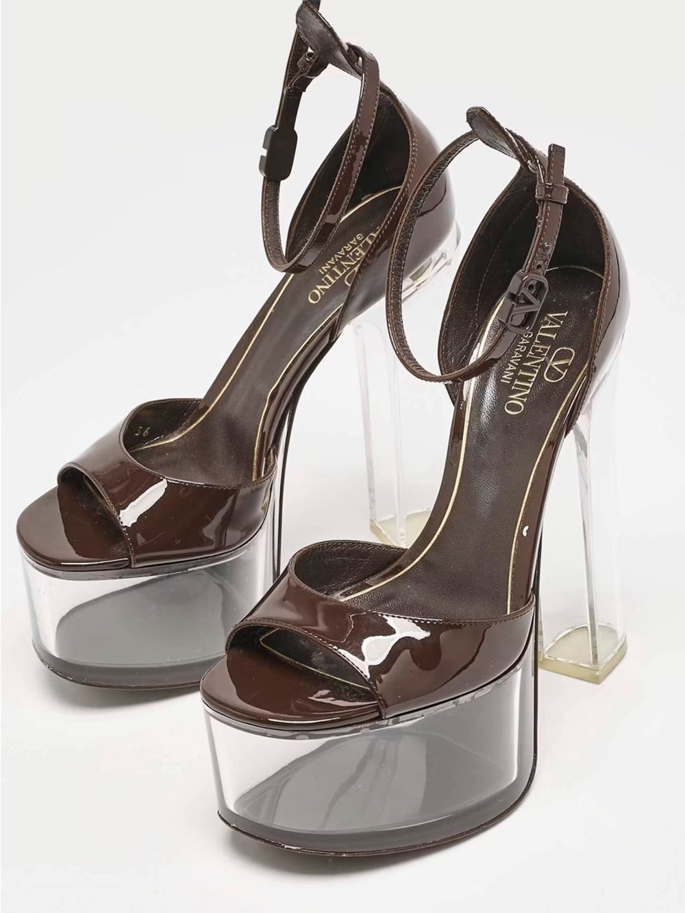 Valentino Brown Patent Leather Platform Sandals with Clear Chunky Heel
